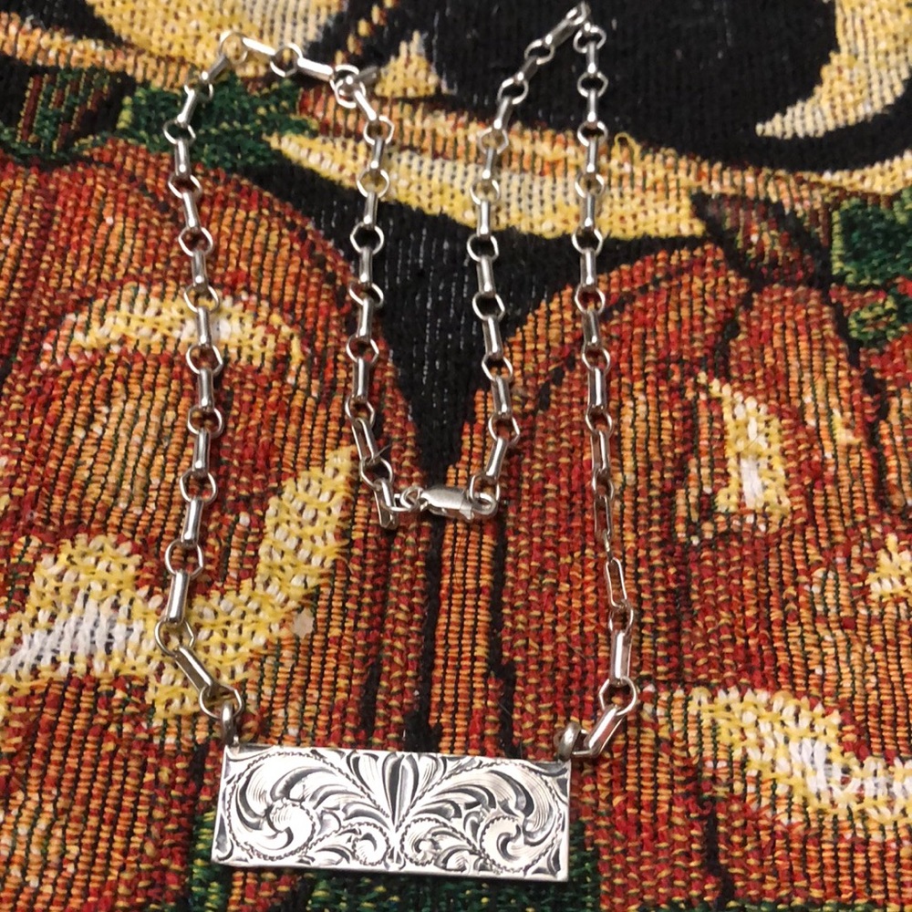 Chaco canyon sterling engraved bar necklace